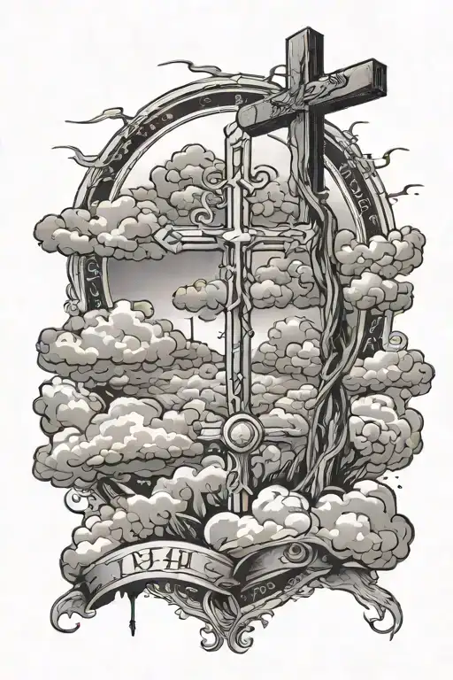 Isaiah 41:10 written in clouds with three crosses beneath it tattoo design idea