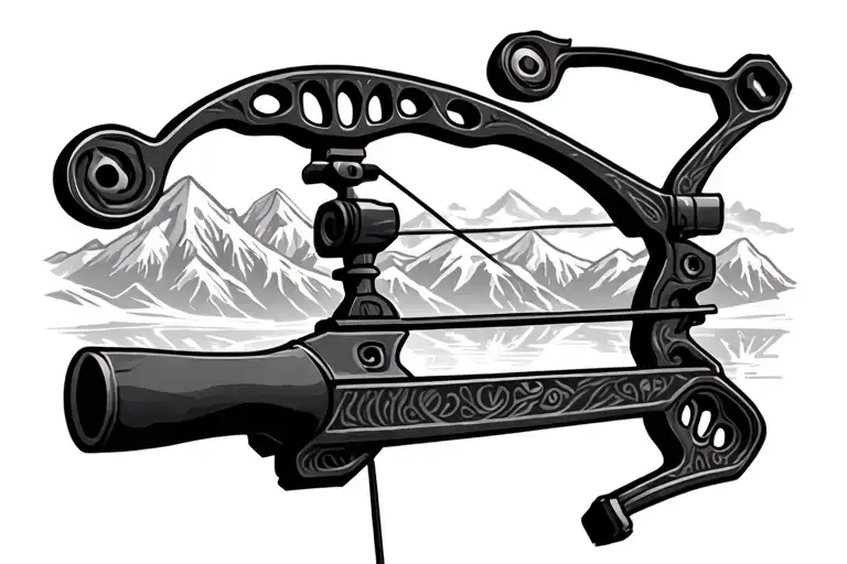 A compound bow with mountains in the background black tattoo design idea