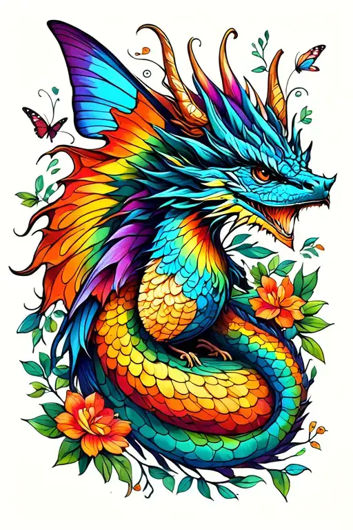 Dragon, rainbow, butterfly, fairy wren, fairy & PI symbol tattoo design idea