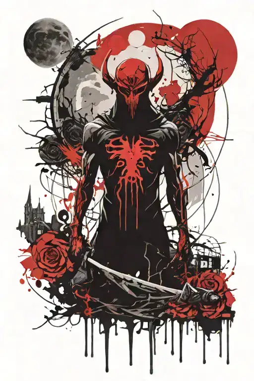 shadow demon standing under a full moon tattoo design idea