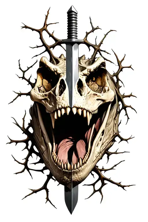 Sword piercing t-rex skull through mouth, surrounded by briar thorns tattoo design idea