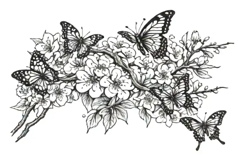 a sakura branch and two butterflies tattoo design idea