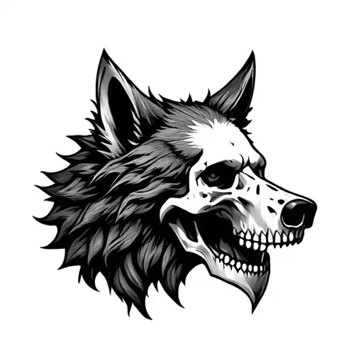Norse wolf head human skull tattoo design idea