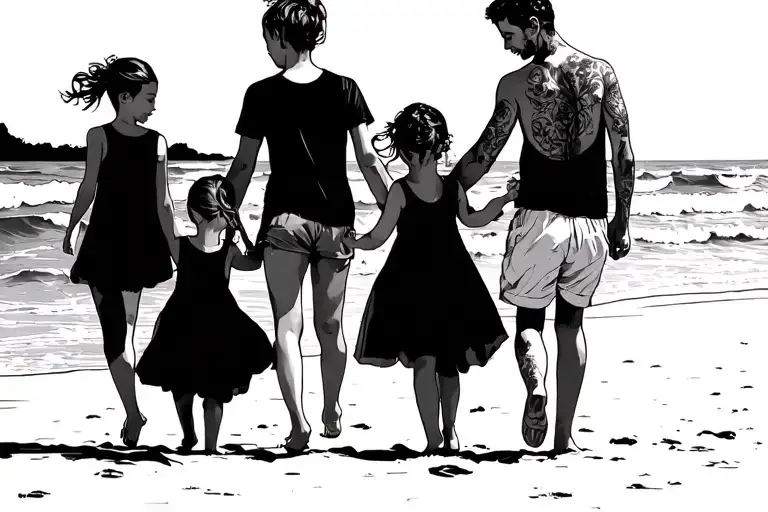 3 young daughters and a dad walking along a beach holding hands tattoo design idea
