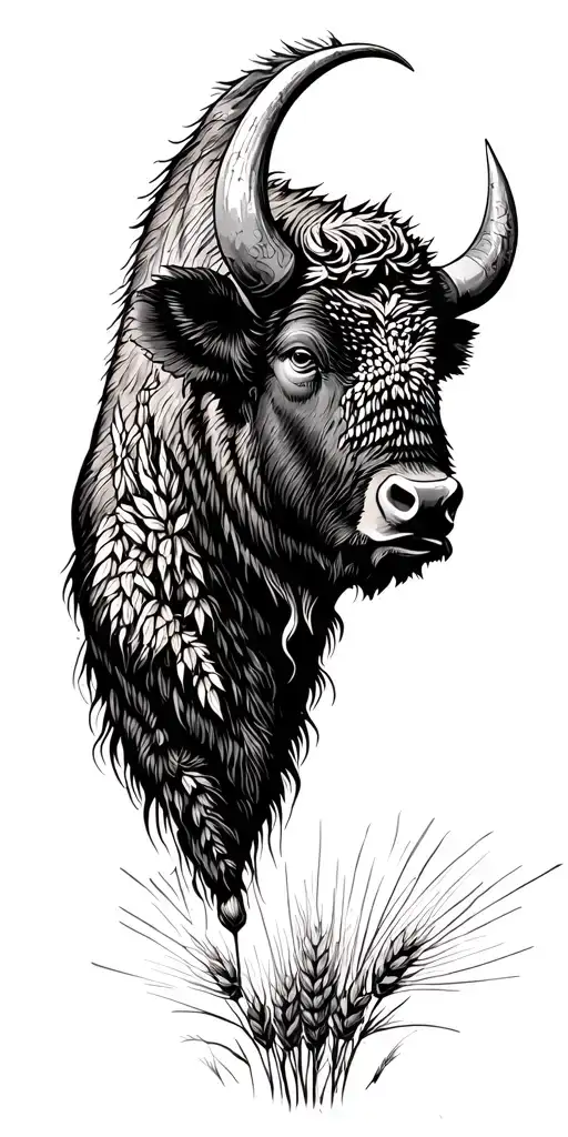 Bison head with wheat field tattoo design idea