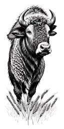 Bison head with wheat field tattoo design idea
