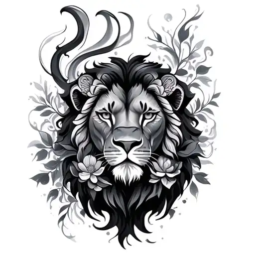 vines, mandalas, flowers, smoke, lion tattoo design idea