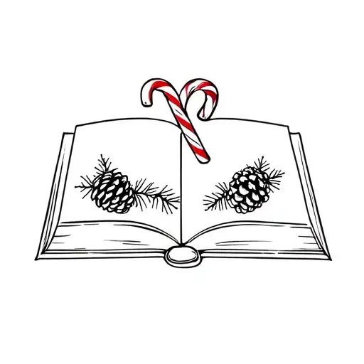 Book with candy canes and pine cones tattoo design idea