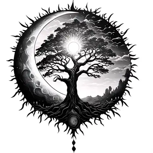 An image of the tree of life with a large crescent moon behind it and a sun shining down tattoo design idea