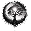 An image of the tree of life with a large crescent moon behind it and a sun shining down tattoo design idea
