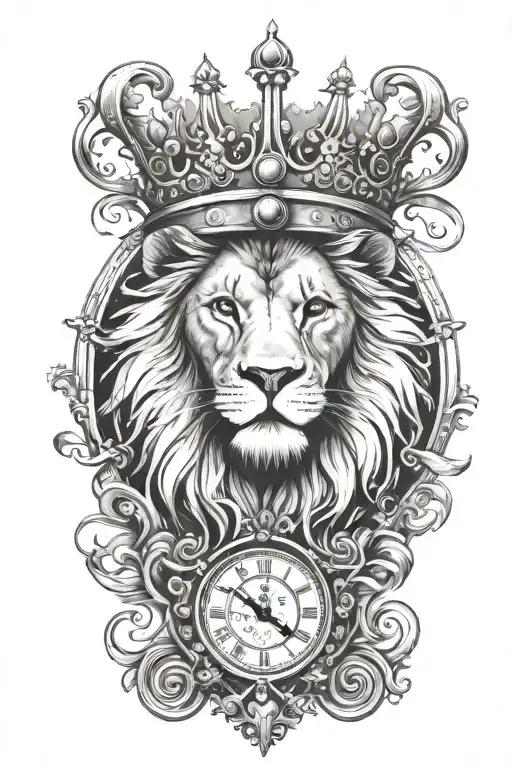 Lion with crown and clock surrounded tattoo design idea