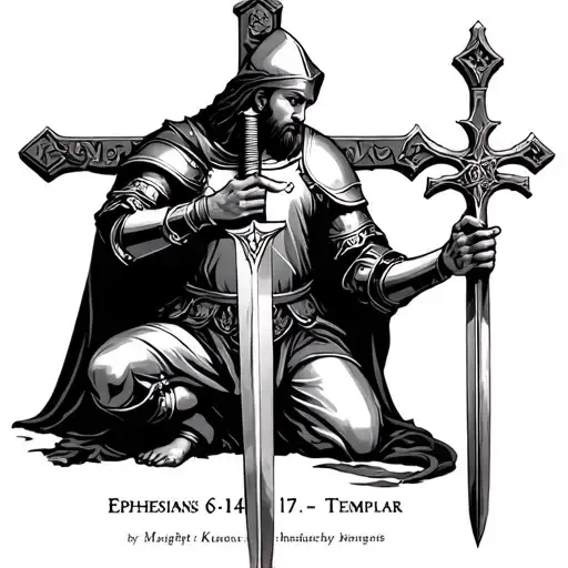 "Ephesians 6: 14-17" knight templar knight kneeling before the cross holding a sword tattoo design idea