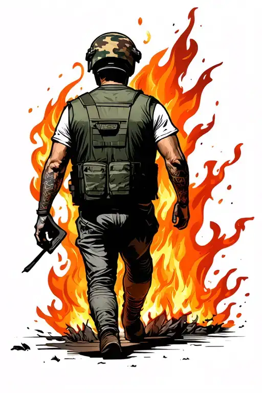 Rear view of a man walking towards flames, wearing a dark green vest and desert camo full-face helmet. tattoo design idea