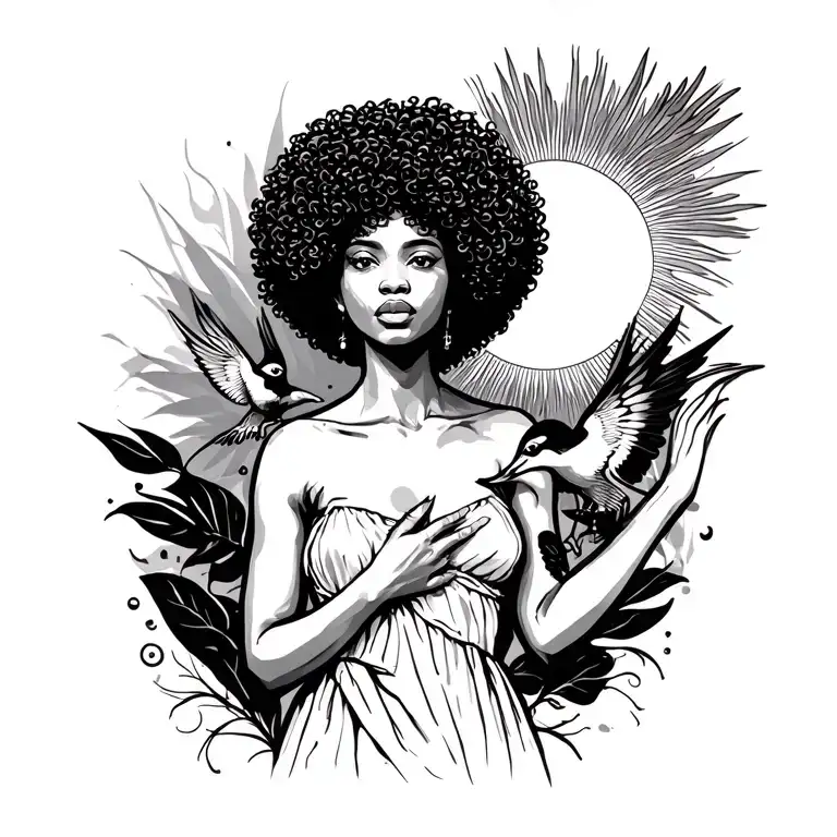 black woman with curly Afro coming out of her chest and hand maybe a bird too freeing her side view walking sun tattoo design idea