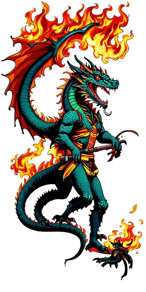  fire breathing dragon battling a fire fighter tattoo design idea