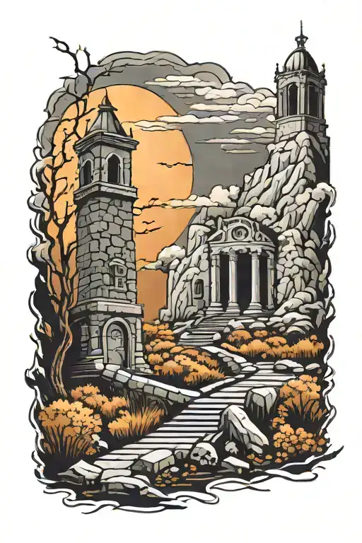 gard tower overlooking graveyard scene tattoo design idea