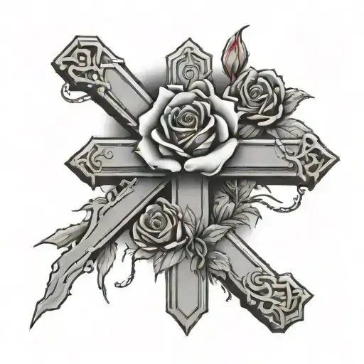 Cross with red roses and thorns around the cross with clouds in the background tattoo design idea
