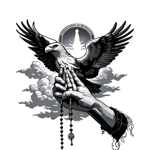 praying hands holding a rosary, with an eagle surrounded by clouds tattoo design idea