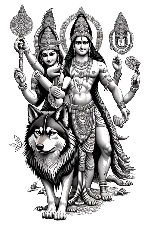 the wolf and lord hanuman ji with shiva rudra and wanderlust tattoo design idea