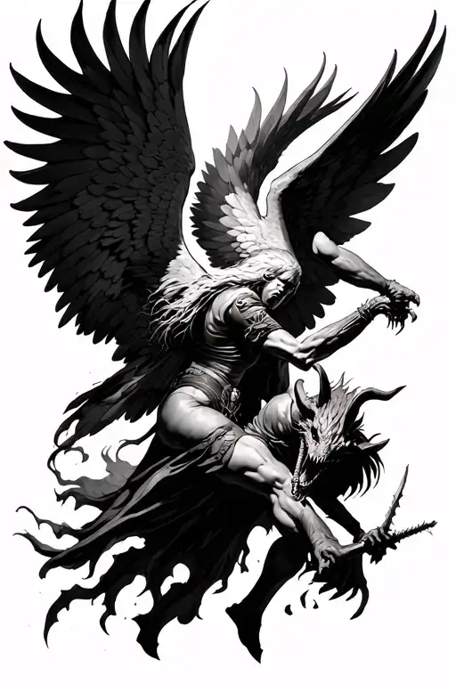 war angel falling, fighting demons tattoo design idea
