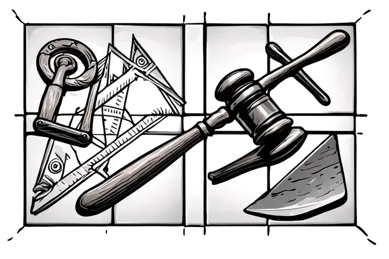 black&white tile, gavel, plumb, Trowel, square and compass tattoo design idea