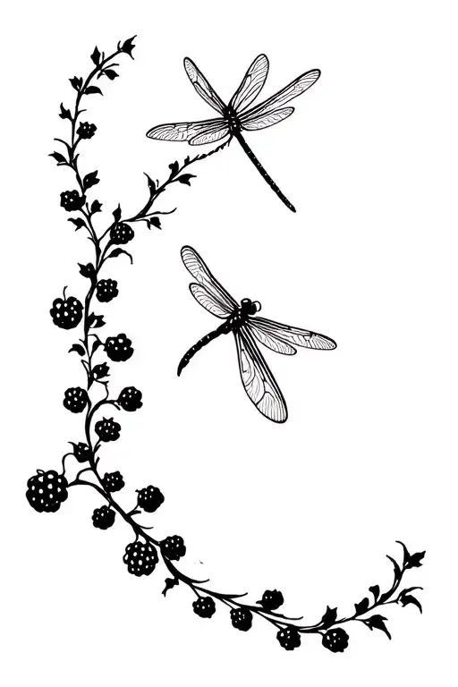 blackberry vine and dragonfly flying tattoo design idea
