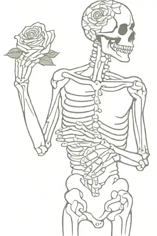 too half skeleton holding his heart and holding flowers with the other hand tattoo design idea