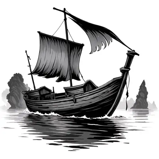 a traditional vietnamese fishing boat floating tattoo design idea