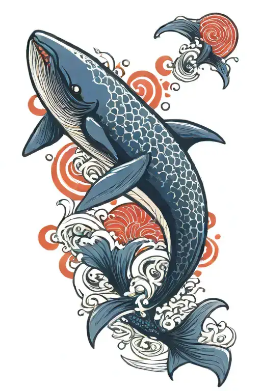 Navy blue and red whale, surrounded by waves crashing, japanese and american traditional style tattoo design idea