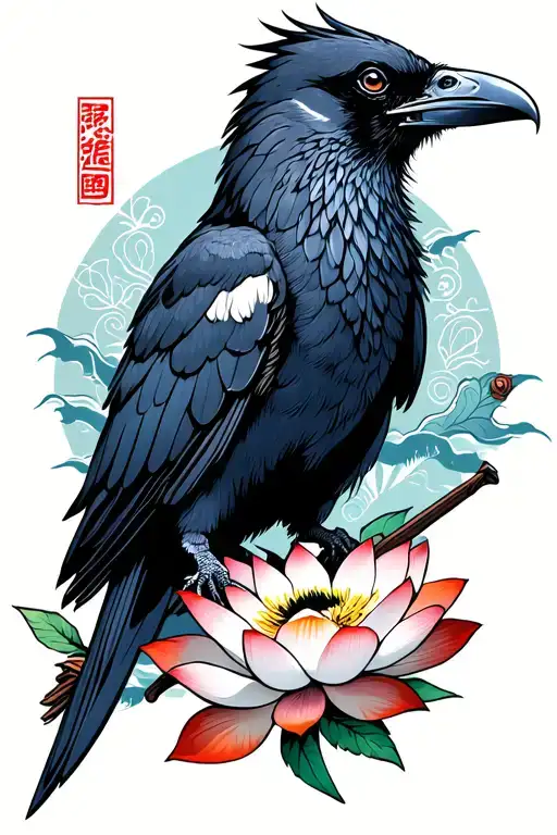 Wild crow on a lotus flower with a sword tattoo design idea