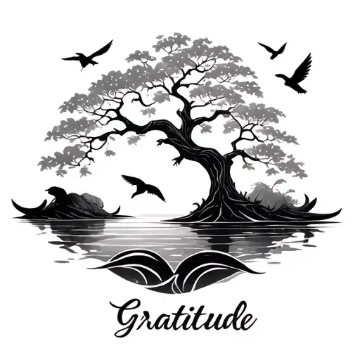 tree of life, little birds flying, koi fish, the word gratitude  tattoo design idea