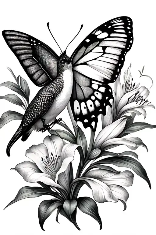 butterfly, hummingbird, gladiolus tattoo design idea