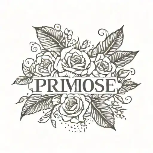 the name "Primrose" with roses around it in old wording font  tattoo design idea