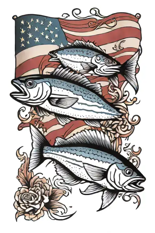 full tattoo arm sleeve American flag background, incorporate smaller fish American red snapper, sea trout, red fish, fis tattoo design idea