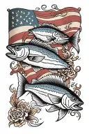 full tattoo arm sleeve American flag background, incorporate smaller fish American red snapper, sea trout, red fish, fis tattoo design idea