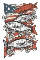 full tattoo arm sleeve American flag background, incorporate smaller fish American red snapper, sea trout, red fish, fis tattoo design idea