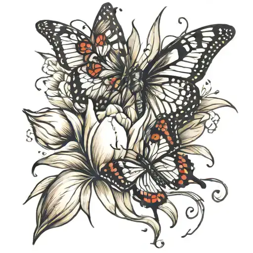 tulip and butterfly flying tattoo design idea