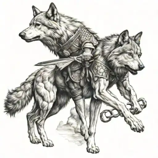 warrior and wolf looking forward tattoo design idea