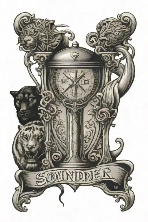 Hour glass surrounded with jesus or a cross and the word sonder and a black panther incorperted into it. tattoo design idea