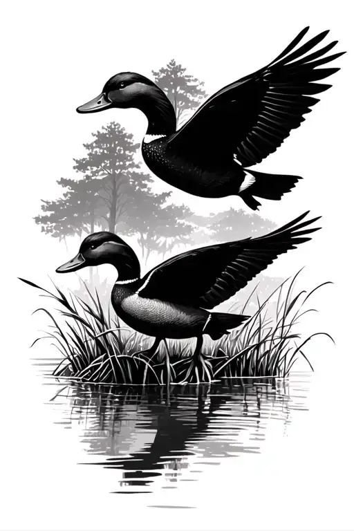 ducks flying over water with trees and sticks and tall grass tattoo design idea