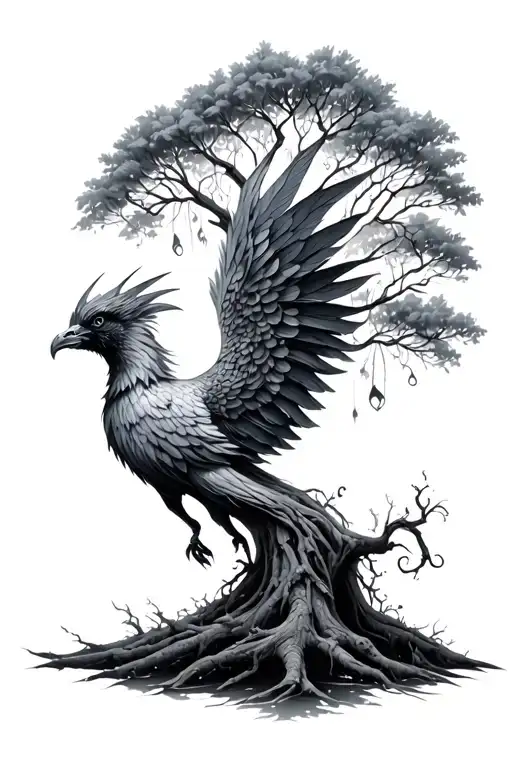 tree with a fenix  tattoo design idea