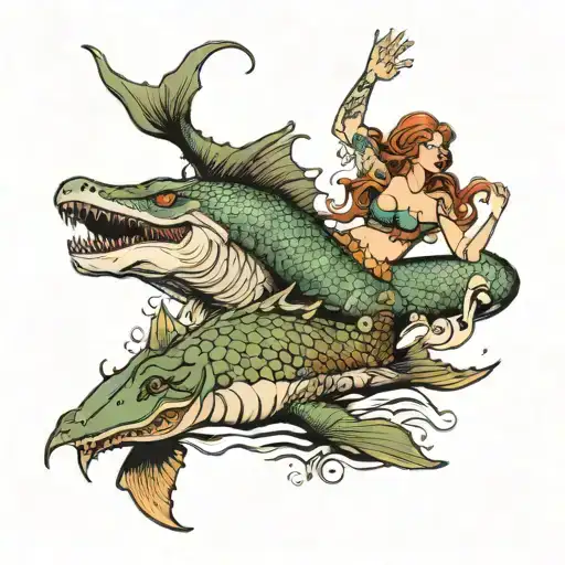 mermaid with large breast swimming with crocodile and shark tattoo design idea