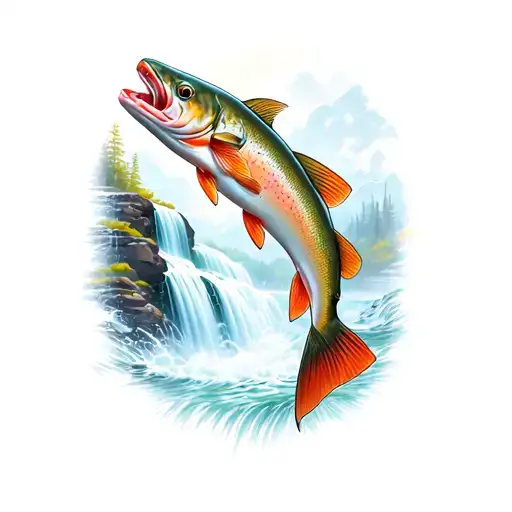 brook trout and waterfall tattoo design idea