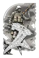 A royal Marine commando weilding a long sword with an f-22 flying overhead tattoo design idea