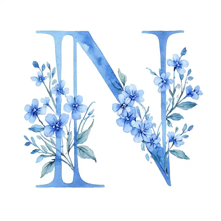 lacy font Letter N made of blue forget me knots flower tattoo design idea