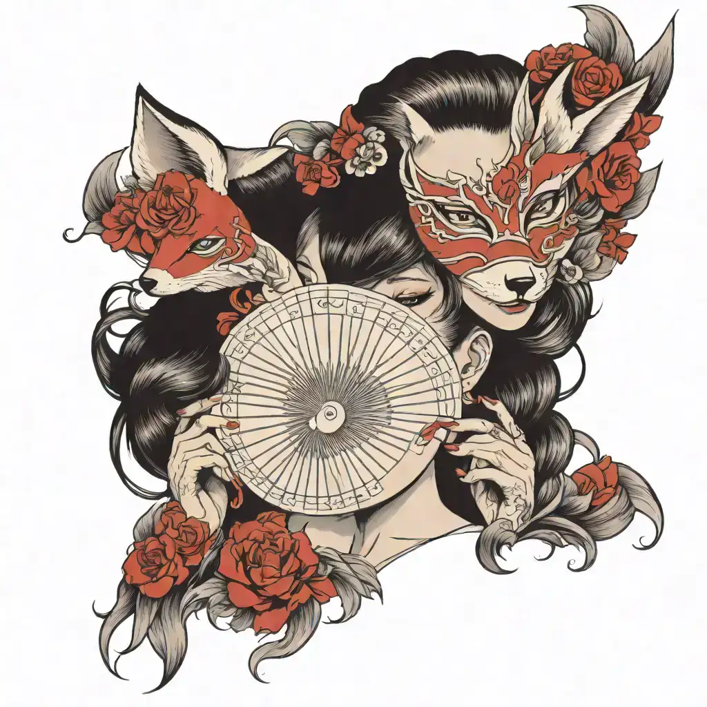 A tattoo of a woman holding a fan wearing a traditional fox mask. The tattoo will be on the wrist. The design features realistic shading on the face, mask and hair, with red floral accents on the fan and parts of the outfit. The fox mask and intense gaze give the tattoo a mysterious and traditional Japanese aesthetic. tattoo design idea