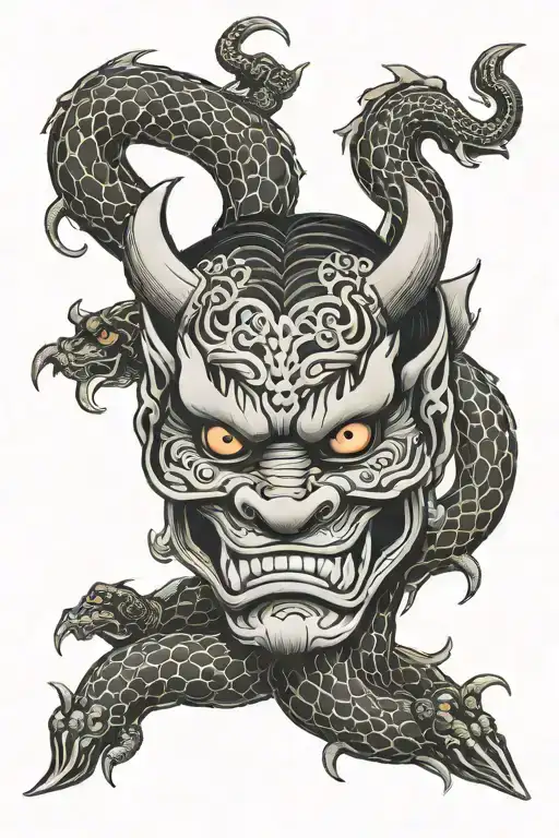 Dragon Tiger Snake Zugaikotsu Oni ​​Mask tattoo design idea