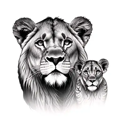 Lioness with 2 cubs facing her on both sides tattoo design idea