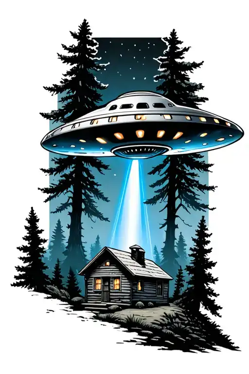 ufo with blue beam over a cabin in the woods  tattoo design idea