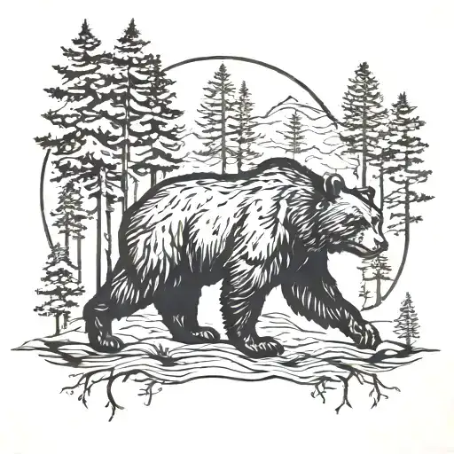 Black bear with forest landscape and pine trees tattoo design idea